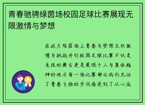 青春驰骋绿茵场校园足球比赛展现无限激情与梦想