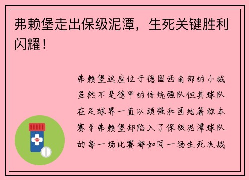 弗赖堡走出保级泥潭，生死关键胜利闪耀！