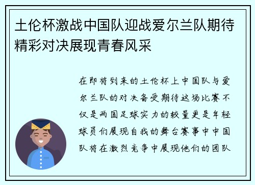 土伦杯激战中国队迎战爱尔兰队期待精彩对决展现青春风采