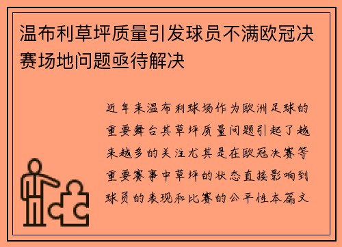 温布利草坪质量引发球员不满欧冠决赛场地问题亟待解决