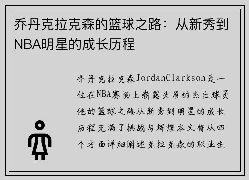 乔丹克拉克森的篮球之路：从新秀到NBA明星的成长历程
