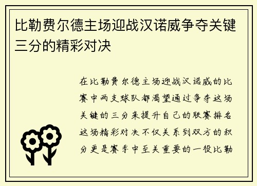 比勒费尔德主场迎战汉诺威争夺关键三分的精彩对决