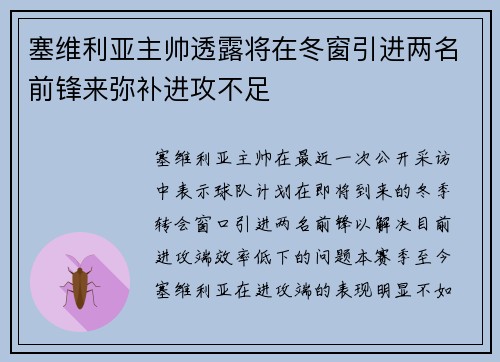 塞维利亚主帅透露将在冬窗引进两名前锋来弥补进攻不足