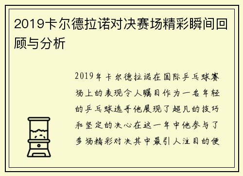 2019卡尔德拉诺对决赛场精彩瞬间回顾与分析