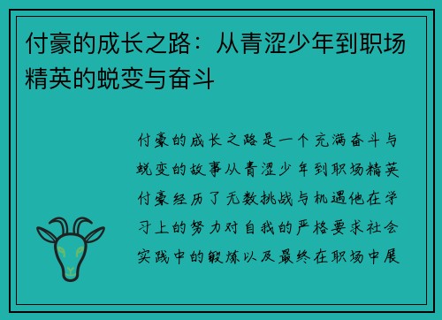 付豪的成长之路：从青涩少年到职场精英的蜕变与奋斗