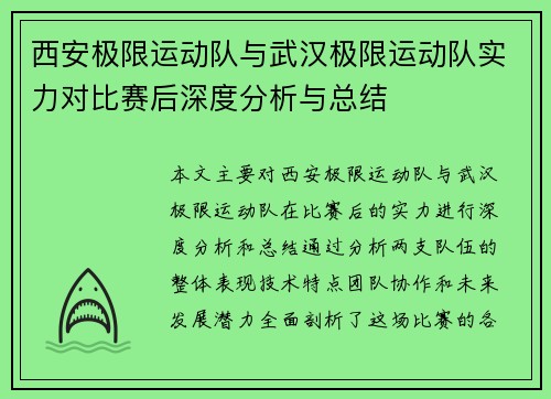 西安极限运动队与武汉极限运动队实力对比赛后深度分析与总结