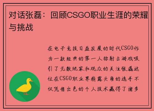 对话张磊：回顾CSGO职业生涯的荣耀与挑战