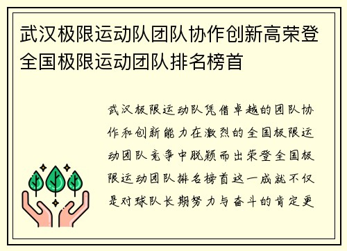 武汉极限运动队团队协作创新高荣登全国极限运动团队排名榜首